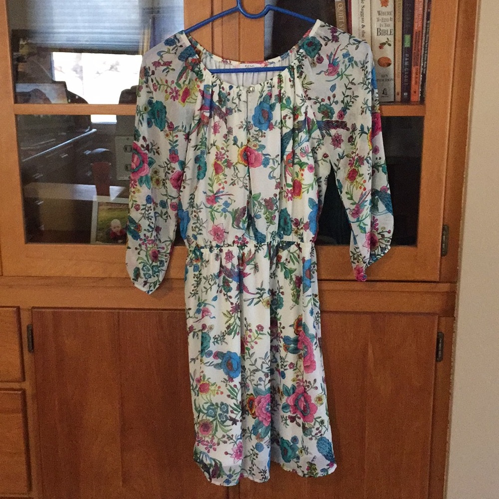 Floral and Peacock Patterned 3/4 Sleeve Dress